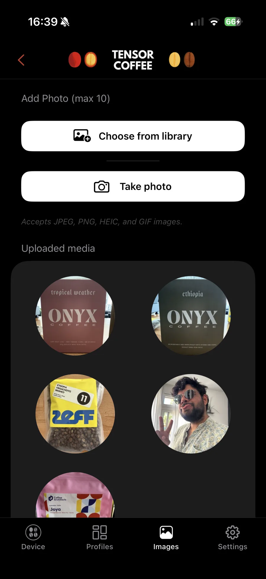 The images screen in the Tensor One app: buttons to choose from library or take a photo, above a grid of uploaded coffee-bag and portrait photos.
