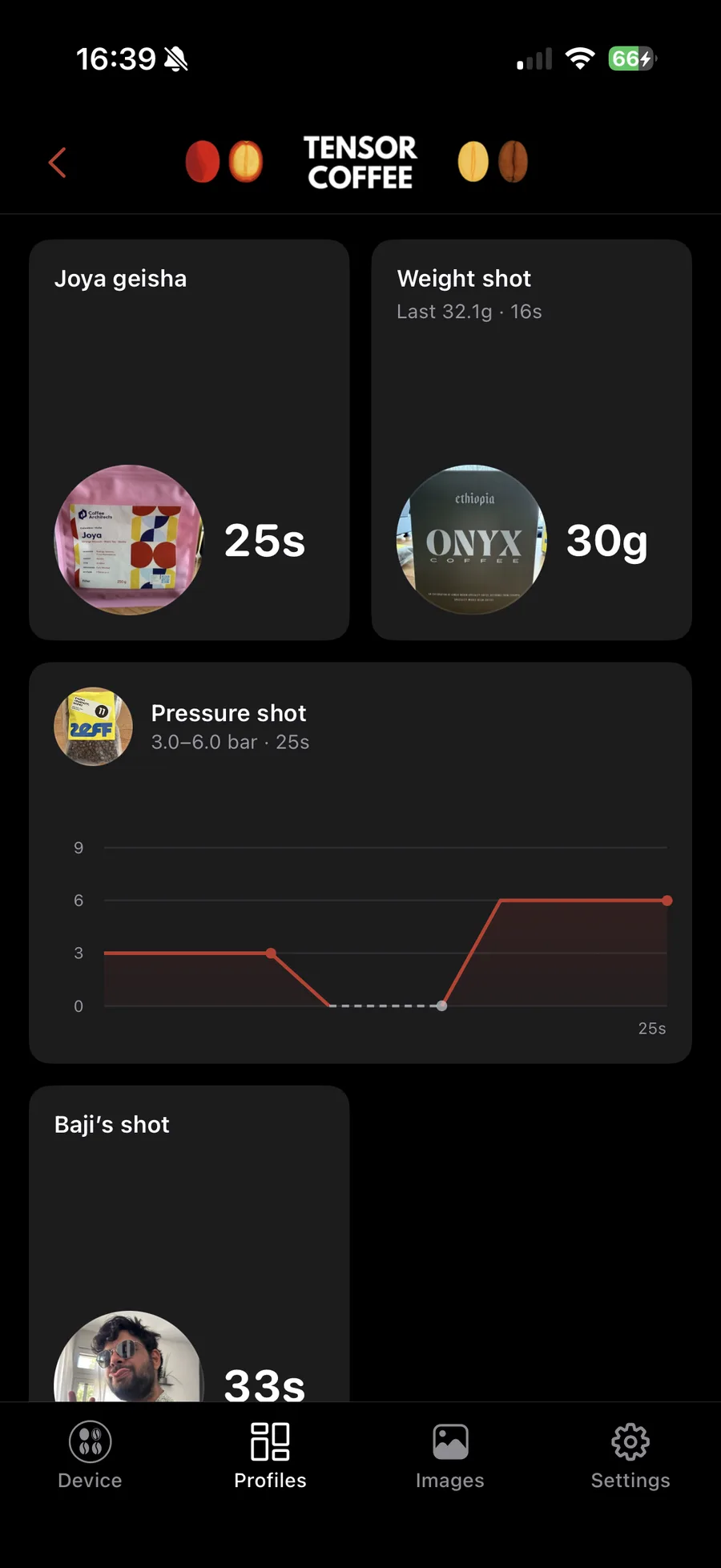 The profiles screen in the Tensor One app, showing time and weight profiles and a pressure profile drawn from 3.0 to 6.0 bar over 25 s.