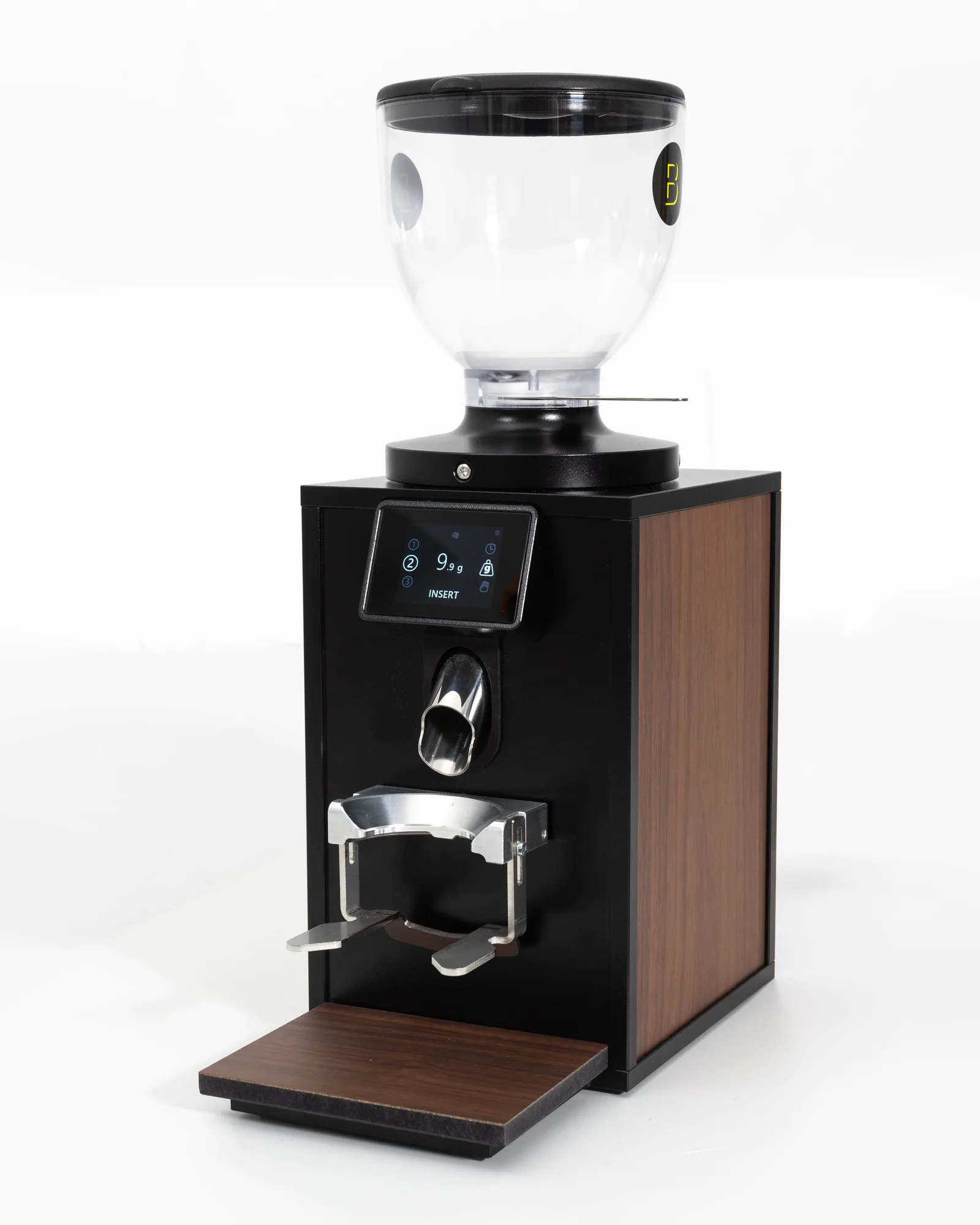 Bentwood H75 in black matt with a walnut side panel and drip tray, three-quarter view