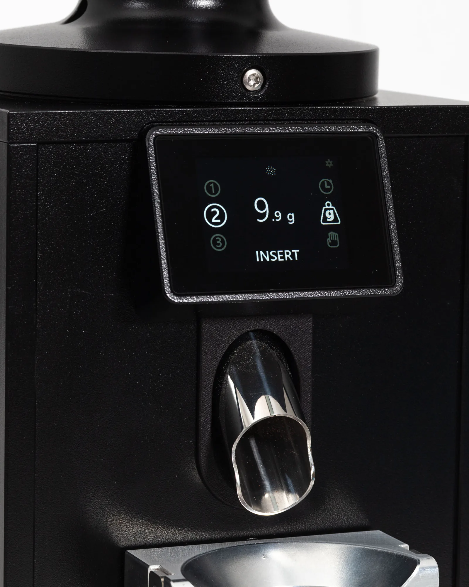 Close-up of the H75's touchscreen showing recipe 2 and 9.9 g above the stainless steel spout