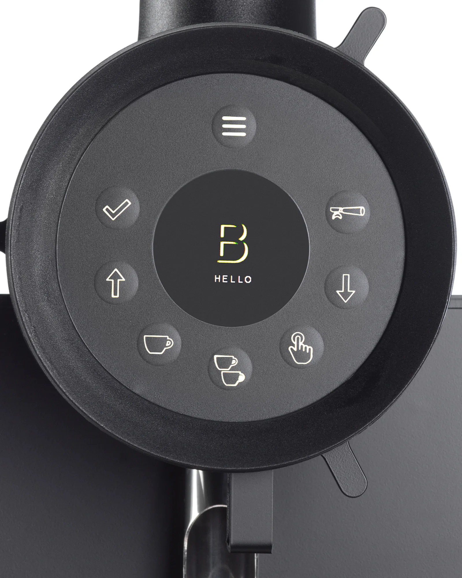 Close-up of the Bentwood V63's round control panel on the front of the grinding chamber
