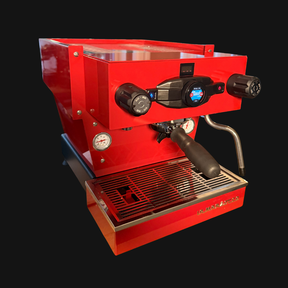Tensor One mounted on a red La Marzocco Linea Mini R
